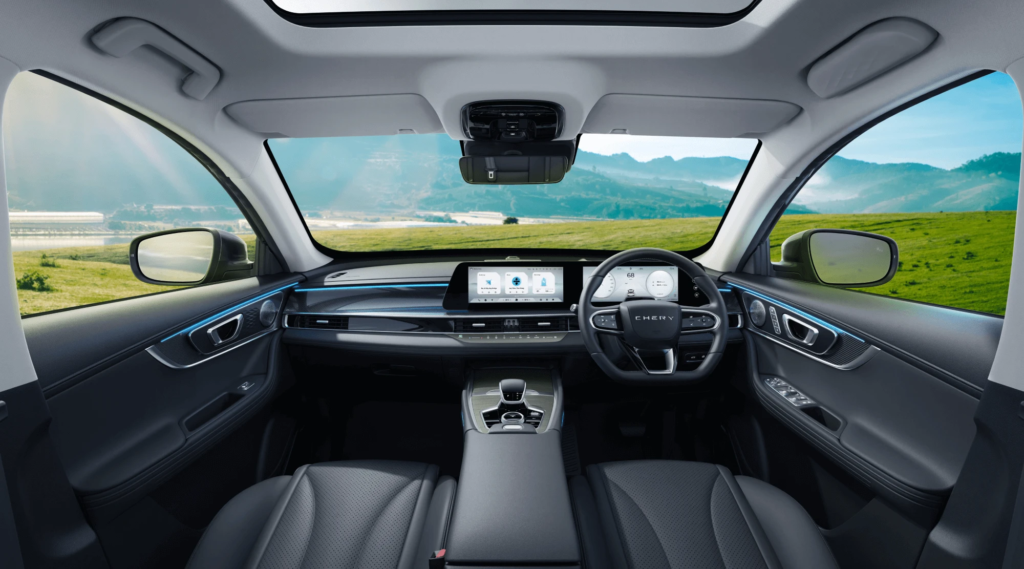 Chery Tiggo 7 PHEV — full dashboard and cockpit view with landscape backdrop