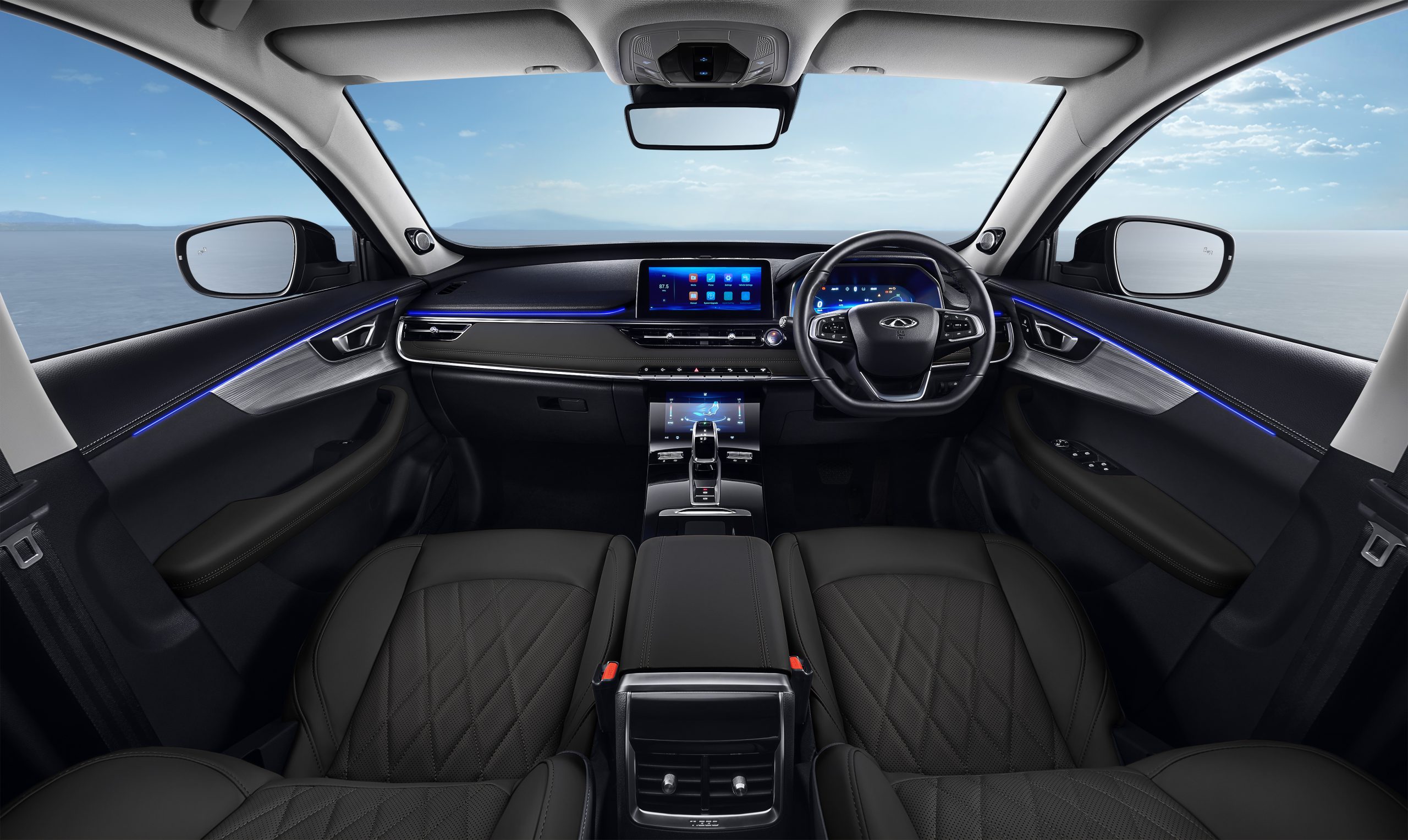 Chery Tiggo 8 — full cabin view of dashboard, infotainment screen and steering wheel