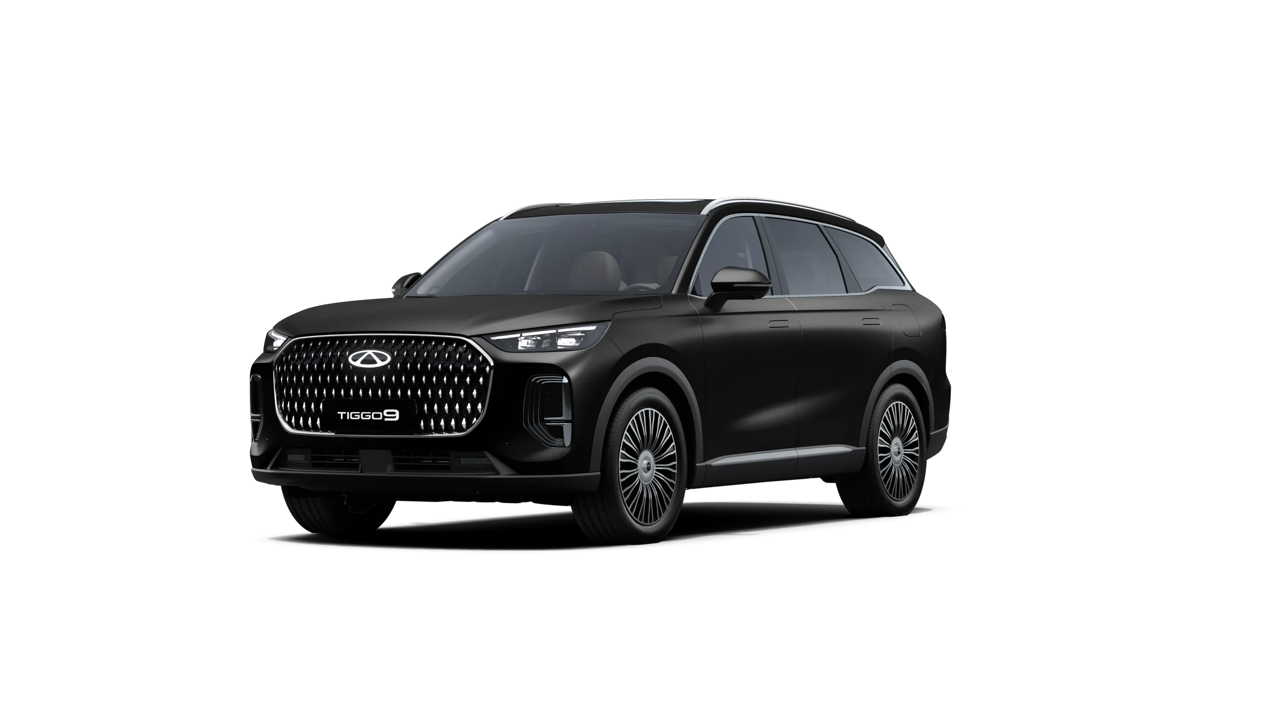 Chery Tiggo 9 — front three-quarter exterior view in black